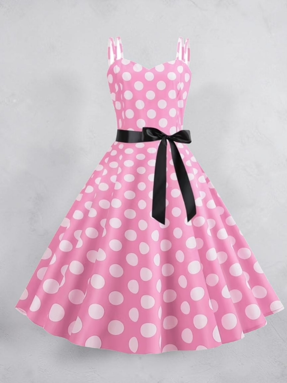 IWEMEK - Small Pink Polka Dot A-Line Dress with Black Waist Tie - Picture 8 of 10